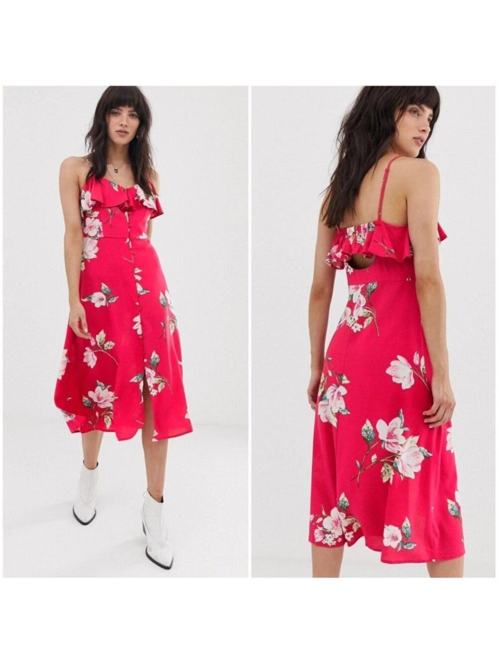 Band Of Gypsies Women's Ruffle Front Button Down Midi Floral Print Dress L